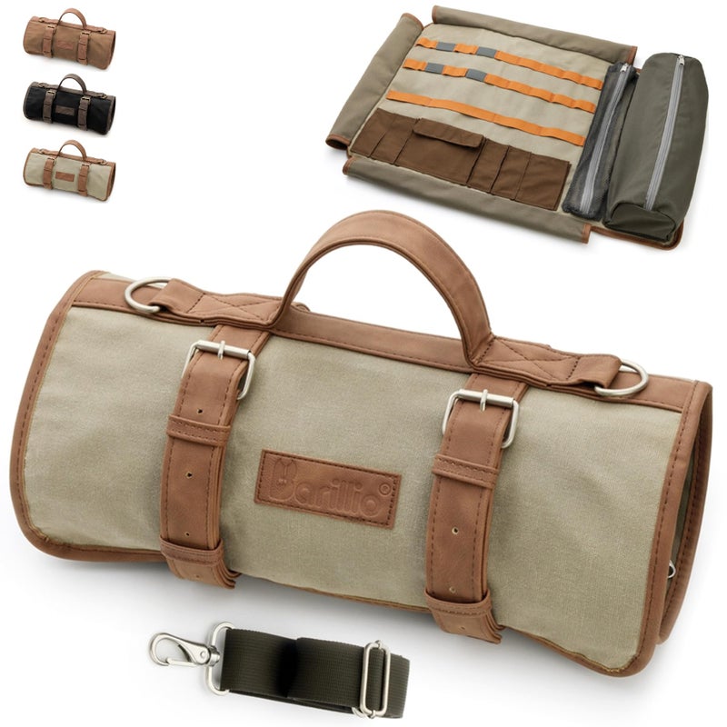 Barillio Bartender Bag (Without Tools) - Stylish, Waxed Canvas, Roll Up Traveling Bar Bag for Carrying Bar Tools and Cocktail Shaker Set with Shoulder Strap - Portable Travel Bartending Roll - Image 1